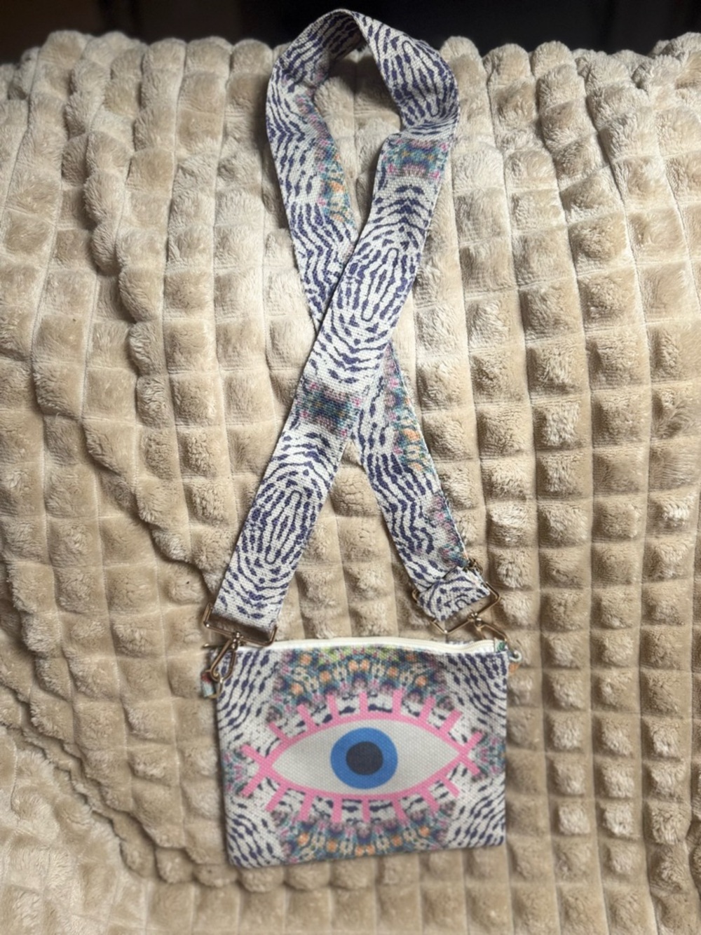 Canvas Eye-Print Crossbody Bag with Wide Strap - Multicolor